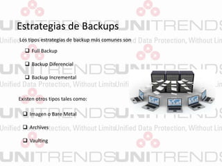 Estrategias de Backups
 Full Backup
 Backup Diferencial
 Backup Incremental
Existen otros tipos tales como:
 Imagen o Bare Metal
 Archives
 Vaulting
Los tipos estrategias de backup más comunes son
 