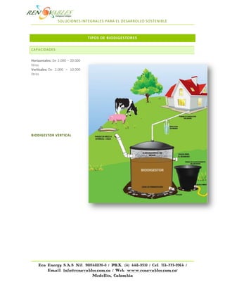 SOLUCIONES INTEGRALES PARA EL DESARROLLO SOSTENIBLE



                                  TIPOS DE BIODIGESTORES

CAPACIDADES:


Horizontales: De 2.000 – 20.000
litros
Verticales: De 2.000 – 10.000
litros




BIODIGESTOR VERTICAL




    Eco Energy S.A.S Nit. 900348870-0 / PBX. (4) 448-9510 / Cel. 312-773-9964 /
        Email. info@renovables.com.co / Web. www.renovables.com.co/
                              Medellín, Colombia
 