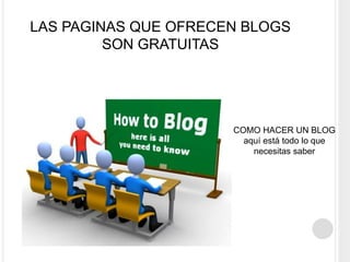 LAS PAGINAS QUE OFRECEN BLOGS
SON GRATUITAS
COMO HACER UN BLOG
aquí está todo lo que
necesitas saber
 