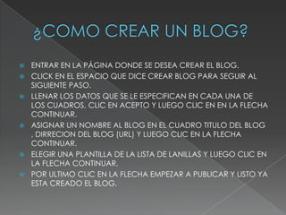    ENTRAR EN LA PÁGINA DONDE SE DESEA CREAR EL BLOG.
   CLICK EN EL ESPACIO QUE DICE CREAR BLOG PARA SEGUIR AL
    SIGUIENTE PASO.
   LLENAR LOS DATOS QUE SE LE ESPECIFICAN EN CADA UNA DE
    LOS CUADROS, CLIC EN ACEPTO Y LUEGO CLIC EN EN LA FLECHA
    CONTINUAR.
   ASIGNAR UN NOMBRE AL BLOG EN EL CUADRO TITULO DEL BLOG
    , DIRRECION DEL BLOG (URL) Y LUEGO CLIC EN LA FLECHA
    CONTINUAR.
   ELEGIR UNA PLANTILLA DE LA LISTA DE LANILLAS Y LUEGO CLIC EN
    LA FLECHA CONTINUAR.
   POR ULTIMO CLIC EN LA FLECHA EMPEZAR A PUBLICAR Y LISTO YA
    ESTA CREADO EL BLOG.
 