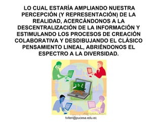 TELMO VITERI
tviteri@pucesa.edu.ec
LO CUAL ESTARÍA AMPLIANDO NUESTRA
PERCEPCIÓN (Y REPRESENTACIÓN) DE LA
REALIDAD, ACERCÁNDONOS A LA
DESCENTRALIZACIÓN DE LA INFORMACIÓN Y
ESTIMULANDO LOS PROCESOS DE CREACIÓN
COLABORATIVA Y DESDIBUJANDO EL CLÁSICO
PENSAMIENTO LINEAL, ABRIÉNDONOS EL
ESPECTRO A LA DIVERSIDAD.
 