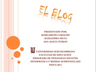 PRESENTADO POR: MARGARETH CAMACHO ALEXANDRA SILVA ANA ALICIA TUIRAN UNIVERSIDAD SURCOLOMBIANA FACULTAD DE EDUCACION  PROGRAMA DE PEDAGOGIA INFANTIL INFORMATICA Y MEDIOS AUDIOVISULAES NEIVA 2011 