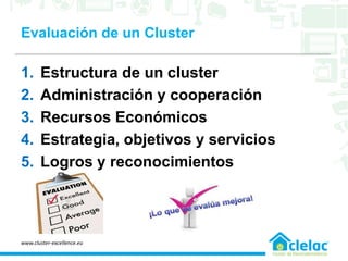 Evaluación de un Cluster
1. Estructura de un cluster
2. Administración y cooperación
3. Recursos Económicos
4. Estrategia, objetivos y servicios
5. Logros y reconocimientos
www.cluster-excellence.eu
 