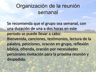 Organización de la reunión
semanal
Se recomienda que el grupo sea semanal, con
una duración de una a dos horas en este
periodo se puede llevar a cabo:
Bienvenida, canciones, testimonios, lectura de la
palabra, peticiones, oración en grupo, reflexión
bíblica, ofrenda, oración por necesidades
personales invitación para la próxima reunión y
despedida.
 