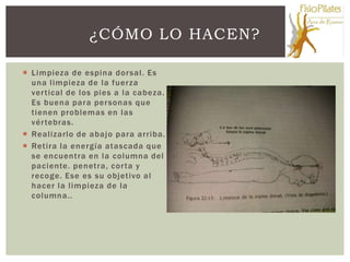 ¿CÓMO LO HACEN?

 Limpieza de espina dor sal. Es
  una limpieza de la fuerza
  ver tical de los pies a la cabeza.
  Es buena para per sonas que
  tienen problemas en las
  vér tebras.
 Realizarlo de abajo para arriba.
 Retira la energía atascada que
  se encuentra en la columna del
  paciente. penetra, cor ta y
  recoge. Ese es su objetivo al
  hacer la limpieza de la
  columna..
 
