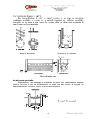 Zona Industrial Carabobo 8va. Transversal C.C. Industrial Carabobo II –
                                                         Galpón # 5. Valencia Estado Carabobo
                                                             Telefax: 0241-8320155/1138
                                                                  Rif: J- 30226051-5
                                                                   NIT: 0058518662




Intercambiadores de calor en espiral
       Los intercambiadores de calor en espiral consisten en un grupo de serpentines
concéntricos arrollados en espiral, por lo general conectados por múltiples (manifolds),
sumergidos en un tanque o una coraza. Se emplean tubos con aletas para incrementar la
superficie de transferencia de calor




         Tipos de Serpentines                                         Serpertín en un recipiente

   .




                                   Serpentín sumergido

Recipientes enchaquetados
       El encamisado o enchaquetado se utiliza con frecuencia para recipientes que necesitan
limpieza frecuente o para los recubrimientos de vidrio que son difíciles de equipar con
serpentines internos. La camisa elimina la necesidad de serpentín.




                                                                       Recipiente Enchaquetado




                                               12                                          Elaborado por: Felipe Marín Toro
 