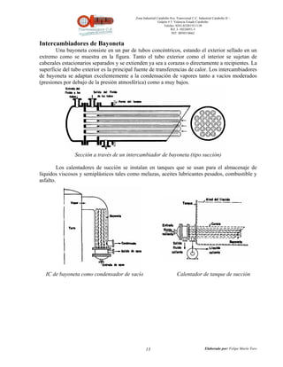 Zona Industrial Carabobo 8va. Transversal C.C. Industrial Carabobo II –
                                                             Galpón # 5. Valencia Estado Carabobo
                                                                 Telefax: 0241-8320155/1138
                                                                      Rif: J- 30226051-5
                                                                       NIT: 0058518662


Intercambiadores de Bayoneta
       Una bayoneta consiste en un par de tubos concéntricos, estando el exterior sellado en un
extremo como se muestra en la figura. Tanto el tubo exterior como el interior se sujetan de
cabezales estacionarios separados y se extienden ya sea a corazas o directamente a recipientes. La
superficie del tubo exterior es la principal fuente de transferencias de calor. Los intercambiadores
de bayoneta se adaptan excelentemente a la condensación de vapores tanto a vacíos moderados
(presiones por debajo de la presión atmosférica) como a muy bajos.




                Sección a través de un intercambiador de bayoneta (tipo succión)

         Los calentadores de succión se instalan en tanques que se usan para el almacenaje de
líquidos viscosos y semiplásticos tales como melazas, aceites lubricantes pesados, combustible y
asfalto.




   IC de bayoneta como condensador de vacío                               Calentador de tanque de succión




                                                   13                                          Elaborado por: Felipe Marín Toro
 