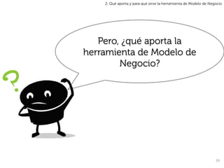 2. Qué aporta y para qué sirve la herramienta de Modelo de Negocio




   Pero, ¿qué aporta la
herramienta de Modelo de
        Negocio?




                                                                  29	
  
 