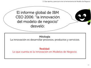 2. Qué aporta y para qué sirve la herramienta de Modelo de Negocio




    El informe global de IBM
    CEO 2006: “la innovación
     del modelo de negocio”
             desveló:

                        Mitología:
La innovación es desarrollar procesos, productos y servicios.


                        Realidad:
 Lo que cuenta es la innovación en Modelos de Negocio.




                                                                                          33	
  
 