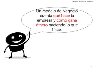 1. Qué es un Modelo de Negocio.




Un Modelo de Negocio
  cuenta qué hace la
empresa y cómo gana
dinero haciendo lo que
         hace.




                                             6	
  
 