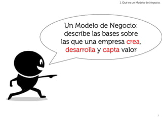 1. Qué es un Modelo de Negocio.




 Un Modelo de Negocio:
 describe las bases sobre
las que una empresa crea,
  desarrolla y capta valor




                                               7	
  
 