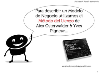 1. Qué es un Modelo de Negocio.




Para describir un Modelo
de Negocio utilizamos el
 Método del Lienzo de
Alex Osterwalder & Yves
       Pigneur…




             www.businessmodelgenera9on.com	
  

                                                      8	
  
 