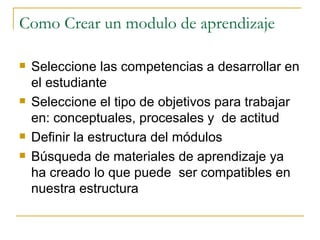 Como Crear un modulo de aprendizaje Seleccione las competencias a desarrollar en el estudiante Seleccione el tipo de objetivos para trabajar en: conceptuales, procesales y  de actitud Definir la estructura del módulos Búsqueda de materiales de aprendizaje ya ha creado lo que puede  ser compatibles en nuestra estructura 