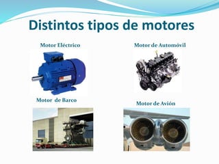 Distintos tipos de motores
Motor Eléctrico Motor de Automóvil
Motor de Barco
Motor de Avión
 