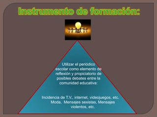 Instrumento de formación:Utilizar el periódico escolar como elemento de reflexión y propiciatorio de posibles debates entre la comunidad educativa:Incidencia de T.V., internet, videojuegos, etc.Moda,  Mensajes sexistas, Mensajes violentos, etc. 