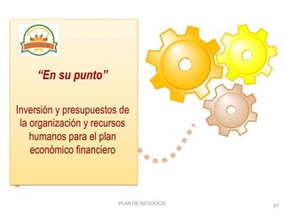“En su punto”
Inversión y presupuestos de
la organización y recursos
humanos para el plan
económico financiero
PLAN DE NEGOCIOS 67
 
