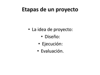 Etapas de un proyecto


  • La idea de proyecto:
         • Diseño:
        • Ejecución:
       • Evaluación.
 