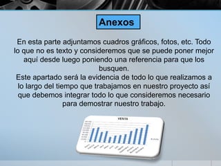 En esta parte adjuntamos cuadros gráficos, fotos, etc. Todo
lo que no es texto y consideremos que se puede poner mejor
aquí desde luego poniendo una referencia para que los
busquen.
Este apartado será la evidencia de todo lo que realizamos a
lo largo del tiempo que trabajamos en nuestro proyecto así
que debemos integrar todo lo que consideremos necesario
para demostrar nuestro trabajo.
Anexos
 