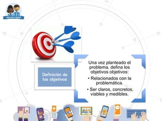 Una vez planteado el
problema, defina los
objetivos objetivos:
• Relacionados con la
problemática.
• Ser claros, concretos,
viables y medibles.
 