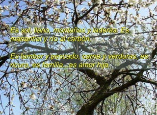 Es sol, llano, montañas y laderas. Es
manantial y río al carbón.

Es tambor y pescado, carne y verduras, es
ricura, es familia...es amor hija.
 