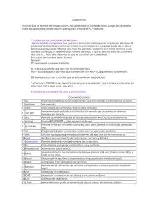 Diapositivas

Una vez que se termine de instalar Ubuntu les aparecerá un cartel de aviso. Luego de completar
todos los pasos para instalar Ubuntu solo queda reiniciar el PC y disfrutar.



           7. cuáles son los comodines de Windows
            Hemos podido comprobar que gracias a la función de búsqueda incluida en Windows 98
           podemos fácilmente encontrar un fichero o una carpeta en cualquier parte de un disco.
           Esta búsqueda puede refinarse aún más. Por ejemplo, podemos encontrar archivos cuyo
           nombre contenga un determinado número de letras, o que la tercera letra de su nombre
           sea una A,… Para ello utilizamos lo que se conocen por comodines.
           Estructura del nombre de un fichero.
           Ejemplo:
           El * reemplaza cualquier carácter.

           Ej.: *.doc busca todos los archivos de extensión doc.
           Mis*.* busca todos los archivos que comiencen con MIS y cualquiera sea la extensión.

           El? reemplaza un solo carácter que se encuentre en esa posición:

           *.e? e busca TODOS los archivos (*) que tengan una extensión que comience y termine, en
           este caso con e (exe, eme, eze, etc.)

           8. escriba los comandos de Linux y sus funciones.

                                           COMANDOS LINUX
1 ac                Imprime estadísticas acerca del tiempo que han estado conectado los usuarios.
2 adduser           Ver useradd.
3 alias             Crea atajos de comandos, lista los alias actuales.
                    Herramienta de actualización/instalación remota de paquetes en sistemas
4 apt-get
                    basados en debían.
5 arp               Permite obtener/manipular la lista de direcciones MAC/Ip que el sistema ve.
6 arping            Envía ARP REQUEST a otros equipos en la red.
                    Firewall similar en funciones a iptables pero para control de tráfico de protocolo
7 arptables
                    arp.
8 at                Programa trabajos, comandos, scripts para su ejecución posterior.
9 atq               Lista los trabajos programados pendientes de ejecutar por el comando at.
10 awk              Análisis y procesamiento de patrones en archivos y listados.
11 basename         Permite eliminar la ruta del nombre de un archivo.
12 bc               Calculadora y lenguaje matemático, muy potente.
13 biosdecode       Información sobre el BIOS.
                    Muestra atributos de dispositivos de bloque (discos, USB, etc.) tales como LABEL y
14 blkid
                    UUID, entre otros.
15 bzcat            Descomprime archivos comprimidos o empaquetados mediante bzip2.
16 bzip2            Compresor / descompresor de archivos.
                    Permite ver el contenido de archivos comprimidos o empaquetados mediante
17 bzmore
                    bzip2.
18 cal              Despliega un calendario.
19 CAT              Muestra el contenido de archivos y concatena archivos.
20 CD               Cambiar de directorio.
21 cfdisk           Herramienta de particionalmente de discos, usada en sistemas debían
 