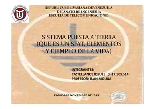REPUBLICA BOLIVARIANA DE VENEZUELA
DECANATO DE INGENIERIA
ESCUELA DE TELECOMUNICACIONES

SISTEMA PUESTA A TIERRA
(QUE ES UN SPAT, ELEMENTOS
Y EJEMPLO DE LA VIDA)
INTEGRANTES:
CASTELLANOS JOSUEL CI-17.509.514
PROFESOR: JUAN MOLINA

CABUDARE NOVIEMBRE DE 2013

 