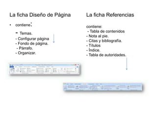 La ficha Diseño de Página
• contiene:
- Temas.
- Configurar página
- Fondo de página.
- Párrafo.
- Organizar.
La ficha Referencias
contiene:
- Tabla de contenidos
- Nota al pie.
- Citas y bibliografía.
- Títulos
- Índice.
- Tabla de autoridades.
 