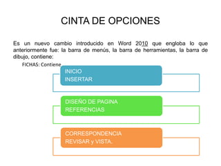 CINTA DE OPCIONES
Es un nuevo cambio introducido en Word 2010 que engloba lo que
anteriormente fue: la barra de menús, la barra de herramientas, la barra de
dibujo, contiene:
FICHAS: Contiene
INICIO
INSERTAR
DISEÑO DE PAGINA
REFERENCIAS
CORRESPONDENCIA
REVISAR y VISTA.
 