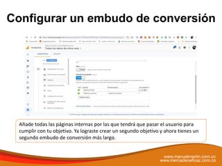 Configurar un embudo de conversión
www.manuelmartin.com.co
www.mercadeoeficaz.com.co
Añade todas las páginas internas por las que tendrá que pasar el usuario para
cumplir con tu objetivo. Ya lograste crear un segundo objetivo y ahora tienes un
segundo embudo de conversión más largo.
 