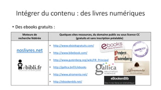 Intégrer du contenu : des livres numériques
• Des ebooks gratuits :
Moteurs de
recherche fédérée
Quelques sites ressources, du domaine public ou sous licence CC
(gratuits et sans inscription préalable)
noslivres.net
• http://www.ebooksgratuits.com/
• http://www.bibebook.com/
• http://www.gutenberg.org/wiki/FR_Principal
• http://gallica.bnf.fr/ebooks
• http://www.atramenta.net/
• http://ebookenbib.net/
 