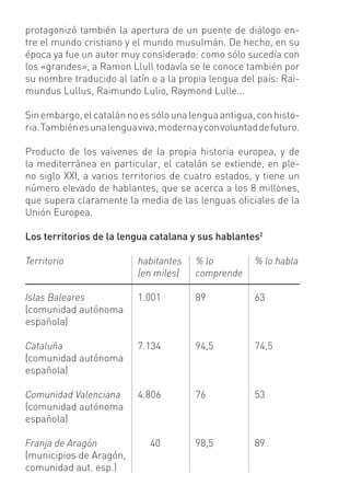 protagonizó también la apertura de un puente de diálogo en-
tre el mundo cristiano y el mundo musulmán. De hecho, en su
época ya fue un autor muy considerado: como sólo sucedía con
los «grandes», a Ramon Llull todavía se le conoce también por
su nombre traducido al latín o a la propia lengua del país: Rai-
mundus Lullus, Raimundo Lulio, Raymond Lulle...

Sin embargo, el catalán no es sólo una lengua antigua, con histo-
ria. También es una lengua viva, moderna y con voluntad de futuro.

Producto de los vaivenes de la propia historia europea, y de
la mediterránea en particular, el catalán se extiende, en ple-
no siglo XXI, a varios territorios de cuatro estados, y tiene un
número elevado de hablantes, que se acerca a los 8 millones,
que supera claramente la media de las lenguas oﬁciales de la
Unión Europea.

Los territorios de la lengua catalana y sus hablantes2

Territorio                 habitantes   % lo           % lo habla
                           (en miles)   comprende

Islas Baleares             1.001        89             63
(comunidad autónoma
española)

Cataluña                   7.134        94,5           74,5
(comunidad autónoma
española)

Comunidad Valenciana       4.806        76             53
(comunidad autónoma
española)

Franja de Aragón              40        98,5           89
(municipios de Aragón,
comunidad aut. esp.)
 