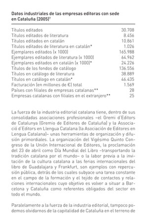 Datos industriales de las empresas editoras con sede
en Cataluña (2005)7

Títulos editados                                         30.708
Títulos editados de literatura                            8.456
Títulos editados en catalán                              10.861
Títulos editados de literatura en catalán*                1.026
Ejemplares editados (x 1000)                            165.988
Ejemplares editados de literatura (x 1000)               64.962
Ejemplares editados en catalán (x 1000)*                 24.226
Títulos de los fondos de catálogo                       136.556
Títulos en catálogo de literatura                        38.889
Títulos en catálogo en catalán*                          46.435
Facturación (en millones de €) total                      1.569
Países con ﬁliales de empresas catalanas**                   28
Empresas catalanas con ﬁliales en el extranjero**            25


La fuerza de la industria editorial catalana tiene, dentro de sus
consolidadas asociaciones profesionales –el Gremi d’Editors
de Catalunya (Gremio de Editores de Cataluña) y la Associa-
ció d’Editors en Llengua Catalana (la Asociación de Editores en
Lengua Catalana)– unas herramientas de organización y difu-
sión primordiales. La organización del Vigésimo Quinto Con-
greso de la Unión Internacional de Editores, la proclamación
del 23 de abril como Día Mundial del Libro –transportando la
tradición catalana por el mundo– o la labor previa a la invi-
tación de la cultura catalana a las ferias internacionales del
libro de Guadalajara y Frankfurt, son ejemplos con repercu-
sión pública, detrás de los cuales subyace una tarea constante
en el campo de la formación y el tejido de contactos y rela-
ciones internacionales cuyo objetivo es volver a situar a Bar-
celona y Cataluña como referentes obligados del sector en
todo el mundo.

Paralelamente a la fuerza de la industria editorial, tampoco po-
demos olvidarnos de la capitalidad de Cataluña en el terreno de
 