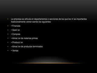 • La empresa se articula en departamentos o secciones de los que los m´as importantes
tradicionalmente vienen siendo los siguientes:
• • Finanzas
• • Gesti´on
• • Compras
• • Almac´en de materias primas
• • Producci´on
• • Almac´en de productos terminados
• • Ventas
 