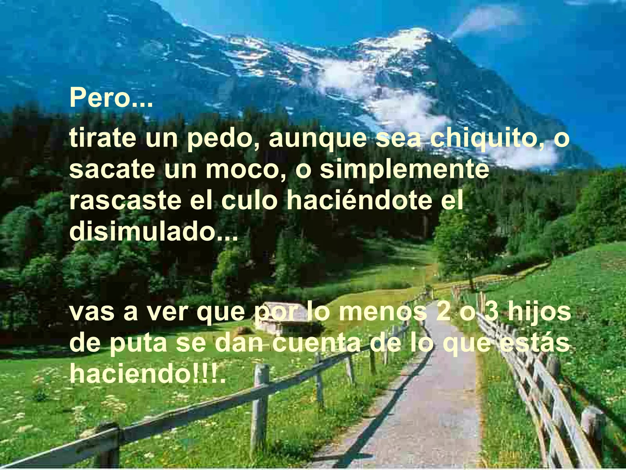 Pero... tirate un pedo, aunque sea chiquito, o sacate un moco, o simplemente rascaste el culo haciéndote el disimulado... vas a ver que por lo menos 2 o 3 hijos de puta se dan cuenta de lo que estás haciendo!!!.