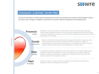 Orientación a clientes: Vender Más
               El	
  área	
  de	
  orientación	
  a	
  clientes	
  está	
  compuesta	
  por	
  servicios	
  que	
  ayudan	
  que	
  nuestros	
  clientes	
  lleguen	
  mejor	
  a	
  
               los	
  suyos	
  y	
  que	
  consigan	
  su	
  obje9vo,	
  incrementar	
  sus	
  ventas.	
  Nuestra	
  propuesta	
  está	
  compuesta	
  por:	
  	
  




                                                               Diseñamos	
  y	
  creamos	
  la	
  presencia	
  onlinede	
  nuestros	
  clientes	
  mediante	
  webs	
  corpora9vas,	
  
                               Presencia                       microsites	
  para	
  campañas	
  puntuales	
  u	
  otras	
  inicia9vas	
  que	
  puedan	
  surgir.	
  Para	
  ello	
  ofrecemos	
  
                                             Onlina	
          soluciones	
  innovadoras	
  que	
  incorporan	
  criterios	
  de	
  SEO	
  y	
  Usabilidad	
  en	
  todo	
  momento,	
  desde	
  el	
  
                                                               propio	
  gestor	
  de	
  contenidos.	
  	
  
© Sowre 2011




                                                                   Nuestros	
  servicios	
  de	
  e-­‐commece	
  incluyen	
  soporte	
  para	
  el	
  diseño	
  de	
  estrategias	
  de	
  venta	
  
                                           Tienda                  online,	
  construcción	
  de	
  las	
  9endas	
  electrónicas,	
  deﬁnición	
  de	
  métricas	
  a	
  seguir	
  y	
  la	
  
                                                                   implementación	
  de	
  inicia9vas	
  de	
  Social	
  Commerce,	
  con	
  el	
  obje9vo	
  de	
  socializar	
  las	
  ventas.	
  
                                          E-­‐commerce	
           Además,	
  implementamos	
  soluciones	
  de	
  SocialCRM	
  para	
  las	
  9endas	
  online.	
  



                                                               En	
  el	
  área	
  de	
  Social	
  Media,	
  colaboramos	
  con	
  nuestros	
  clientes	
  en	
  la	
  creación	
  de	
  aplicaciones	
  
                                          Apps                 des9nadas	
  a	
  mejorar	
  la	
  par9cipación	
  en	
  ellas,	
  como	
  juegos	
  y	
  otras	
  inicia9vas.	
  Ofrecemos	
  
                                           Sociales	
          además,	
  herramientas	
  que	
  ayudan	
  en	
  la	
  ges9ón	
  de	
  las	
  interacciones	
  en	
  estas	
  redes	
  y	
  que	
  
                                                               soportan	
  la	
  ges9ón	
  de	
  la	
  reputación	
  de	
  marca.	
  	
  



                                    Apps                       Ayudamos	
  a	
  nuestros	
  clientes	
  a	
  llevar	
  sus	
  inicia9vas	
  de	
  comunicación	
  y	
  marke9ng	
  a	
  los	
  
                                                               disposi9vos	
  móviles	
  más	
  u9lizados,	
  iOS	
  y	
  Android	
  
                                 Movilidad	
  




                                                                                                                                                                                                            4
 