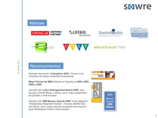 Alianzas
© Sowre 2011




                Reconocimientos
               Ganador del premio “Lotusphere 2010”. Premio a los
               proyectos de mayor creatividad empresarial.

               Mejor Partner de IBM Software en España en 2004, 2005,
               2006 y 2008.

               Ganador del “Lotus Distinguished Award 2008” para
               Europa, Oriente Medio, y África, como mejor implantador
               de portales a nivel europeo.

               Ganador del “IBM Beacon Awards 2008” en la categoría
               “Outstanding Integrated Solution – Europe, Middle East,
               and África” como mejor solución de gestión de procesos
               para WebSphere Portal a nivel europeo.

                                                                         8
 
