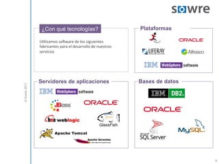 ¿Con qué tecnologías?                                          Plataformas

               U9lizamos	
  so[ware	
  de	
  los	
  siguientes	
  
               fabricantes	
  para	
  el	
  desarrollo	
  de	
  nuestros	
  
               servicios	
  




               Servidores de aplicaciones                                      Bases de datos
© Sowre 2011




                                                                                                9
 