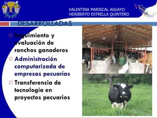 DESARROLLADAS Seguimiento y evaluación de ranchos ganaderos Administración computarizada de empresas pecuarias Transferencia de tecnología en proyectos pecuarios VALENTINA MARISCAL AGUAYO HERIBERTO ESTRELLA QUINTERO 