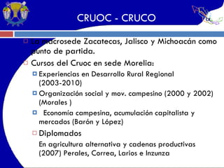 CRUOC - CRUCO La macrosede Zacatecas, Jalisco y Michoacán como punto de partida. Cursos del Cruoc en sede Morelia: Experiencias en Desarrollo Rural Regional (2003-2010) Organización social y mov. campesino (2000 y 2002) (Morales ) Economía campesina, acumulación capitalista y mercados (Barón y López) Diplomados En agricultura alternativa y cadenas productivas (2007) Perales, Correa, Larios e Inzunza 