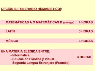 OPCIÓN B (ITINERARIO HUMANÍSTICO):



  MATEMÁTICAS A O MATEMÁTICAS B (a elegir)   4 HORAS

  LATÍN                                      3 HORAS


  MÚSICA                                     3 HORAS


UNA MATERIA ELEGIDA ENTRE:
     - Informática
                                             3 HORAS
     - Educación Plástica y Visual
     - Segunda Lengua Extranjera (Francés)
 