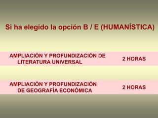 Si ha elegido la opción B / E (HUMANÍSTICA)



 AMPLIACIÓN Y PROFUNDIZACIÓN DE
                                  2 HORAS
   LITERATURA UNIVERSAL



 AMPLIACIÓN Y PROFUNDIZACIÓN
                                  2 HORAS
   DE GEOGRAFÍA ECONÓMICA
 