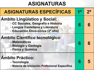 ASIGNATURAS
 ASIGNATURAS ESPECÍFICAS                             1º   2º
Ámbito Lingüístico y Social:
    - CC Sociales, Geografía e Historia
    - Lengua Castellana y Literatura
                                                     6    6
    - Educación Ético-cívica (2º año)

Ámbito Científico tecnológico:
    - Matemáticas
    - Biología y Geología
                                                     6    6
    - Física y Química

Ámbito Práctico:
    - Tecnología                                     6    5
    - Materia de Iniciación Profesional Específica
 