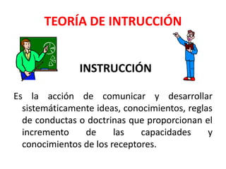 TEORÍA DE INTRUCCIÓN


               INSTRUCCIÓN

Es la acción de comunicar y desarrollar
  sistemáticamente ideas, conocimientos, reglas
  de conductas o doctrinas que proporcionan el
  incremento    de      las   capacidades     y
  conocimientos de los receptores.
 