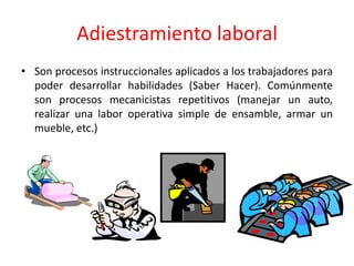 Adiestramiento laboral
• Son procesos instruccionales aplicados a los trabajadores para
  poder desarrollar habilidades (Saber Hacer). Comúnmente
  son procesos mecanicistas repetitivos (manejar un auto,
  realizar una labor operativa simple de ensamble, armar un
  mueble, etc.)
 