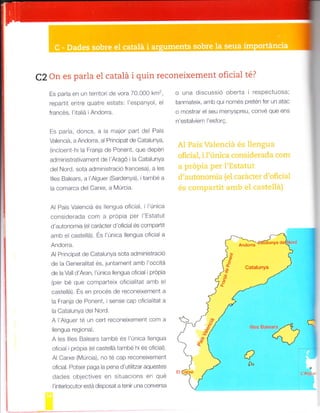 C2 On es parla el catalá i quin reconeixement oficial té?
Es para en un terrltor de vora 70.000 km'
repartit eftre qLratre estats: espa[ryol, el
francds, I ta iá Andorra.
Es para doncs. a a fl]alor part de Pais
Valenc¡d, a Andorra, a Pr ncipat de Cataltrnya
f- o-lhr,F' I.d-Poe o -der ón
adm n strativament de AragÓ a CatalLrnya
del Nord, sota adm n strac ó francesa), a es
es Balears, a Aguer (Sardenya) itar¡be a
a co¡narca de Carxe a Múrc a
A Pais Vaencrá és engua olcia 'Única
considerada com a prÓpia per 'Estatut
d autonom a (eL catácter d ofclal és compaftt
a.¡b e castellá) Es l'únca llengua oficial a
Anoorra.
Al Principat de CatalLrnya sota admrnlstrac o
de a Generaltat és, iuntanrent amb occitá
o-'dVd'cl A ,^. Uni rlp'lg dorL,d I Oo,
(per llé que comparte x of c al tat af.rb e
castellá). Es en procés de recone xement a
a Franla de Por"rent, sense cap olLC a ltat a
la Cata lnya de Nord.
A Agler té urr cert recor]e xement coan a
le¡gua reg ona.
A les I es Ba ears ta¡nbé és l un ca le¡rgua
oi cra própia (e castelá tatfbé h és oficaL)
A Carxe (l,4úrcia), r"ro té cap recone xefi]errt
o , ,d. Dor .a l dgd oa od-- z'r-q.."-^.
dades oblectives ef s tltac ons e¡ qle
l intedocliof está disposat a tenLr una conversa
o Lrna d scussió oberta I respectLlosa:
tanmate x, afatb qui només pretén fer un atac
o f¡ostraT e seu ¡nenyspreu, convé que ens
¡r'estalvief. esforq.
 