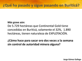 Jorge Gómez Gallego
Más grave aún:
De 5.729 hectáreas que Continental Gold tiene
concedidas en Buriticá, solamente el 32%, 1.890
hectáreas, tienen naturaleza de EXPLOTACIÓN.
¿Cómo hace para sacar oro dos veces a la semana
sin control de autoridad minera alguna?
¿Qué ha pasado y sigue pasando en Buriticá?
 