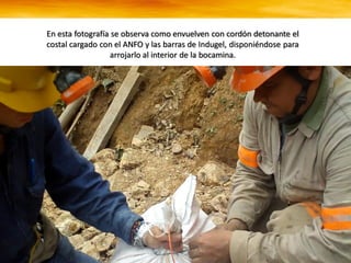 En esta fotografía se observa como envuelven con cordón detonante el
costal cargado con el ANFO y las barras de Indugel, disponiéndose para
arrojarlo al interior de la bocamina.
 