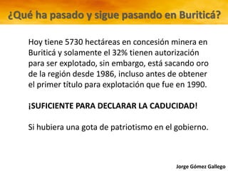 Jorge Gómez Gallego
Hoy tiene 5730 hectáreas en concesión minera en
Buriticá y solamente el 32% tienen autorización
para ser explotado, sin embargo, está sacando oro
de la región desde 1986, incluso antes de obtener
el primer título para explotación que fue en 1990.
¡SUFICIENTE PARA DECLARAR LA CADUCIDAD!
Si hubiera una gota de patriotismo en el gobierno.
¿Qué ha pasado y sigue pasando en Buriticá?
 