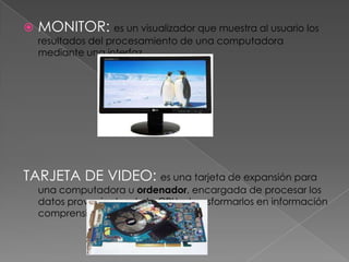    MONITOR: es un visualizador que muestra al usuario los
    resultados del procesamiento de una computadora
    mediante una interfaz.




TARJETA DE VIDEO: es una tarjeta de expansión para
    una computadora u ordenador, encargada de procesar los
    datos provenientes de la CPU y transformarlos en información
    comprensible
 