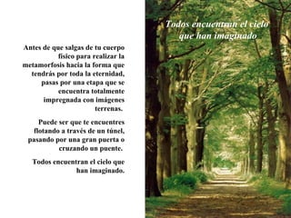 Antes de que salgas de tu cuerpo físico para realizar la metamorfosis hacia la forma que tendrás por toda la eternidad, pasas por una etapa que se encuentra totalmente impregnada con imágenes terrenas.  Puede ser que te encuentres flotando a través de un túnel, pasando por una gran puerta o cruzando un puente.  Todos encuentran el cielo que han imaginado. Todos encuentran el cielo  que han imaginado 
